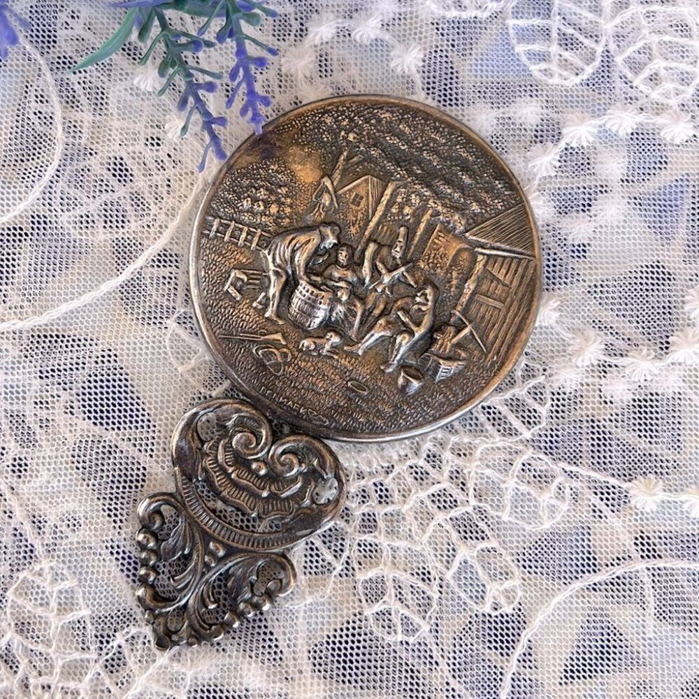 Vintage Hans Jensen Denmark Silver-plate Pocket/Purse Mirror Country Music Scene